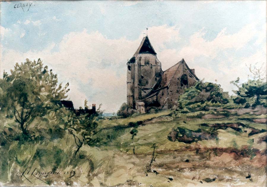 Eglise de Cernay ( Saint Brice),aquarelle, 15 x20 cm, 1863 Petit Moulin des vaux de Cernay © photo APEVDC